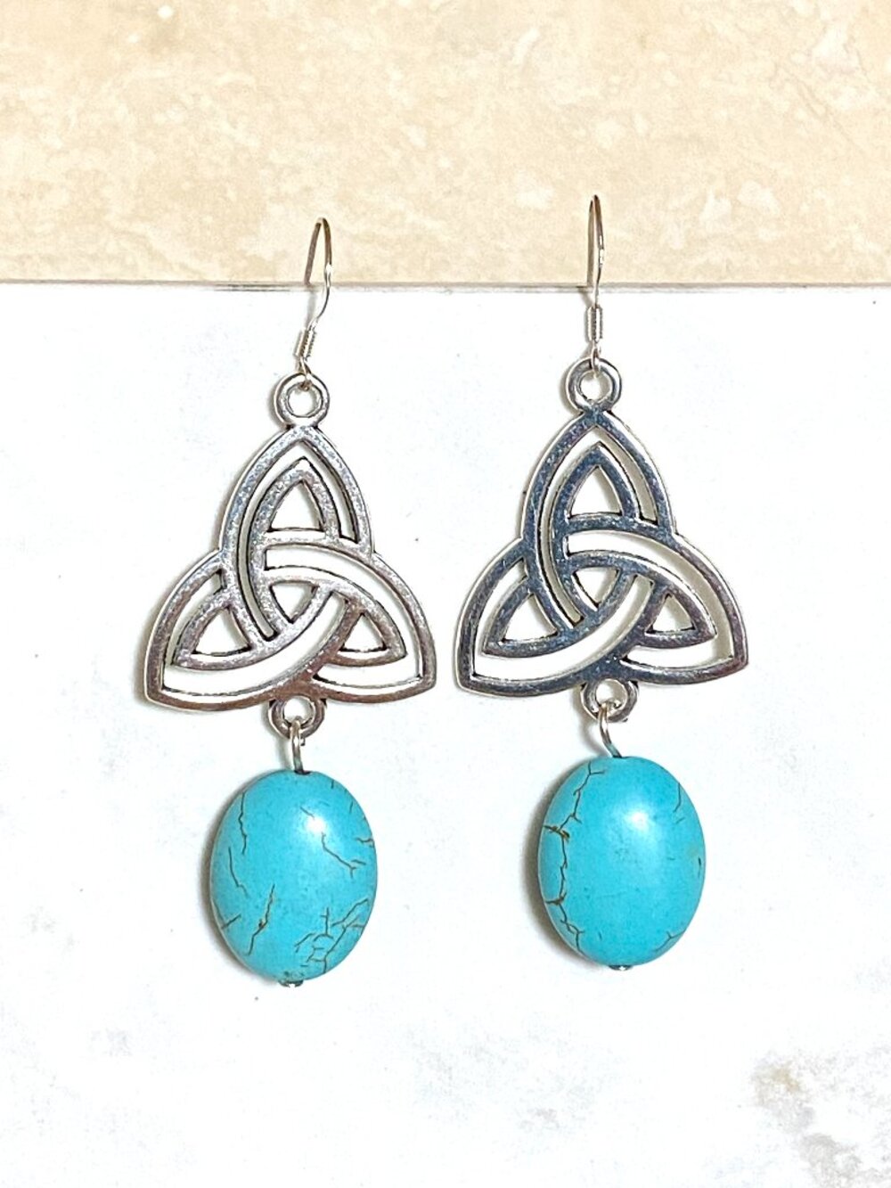 2/$20, Blue Dyed Howlite Triqueta Earrings, Gemstone & Sterling Silver Hooks